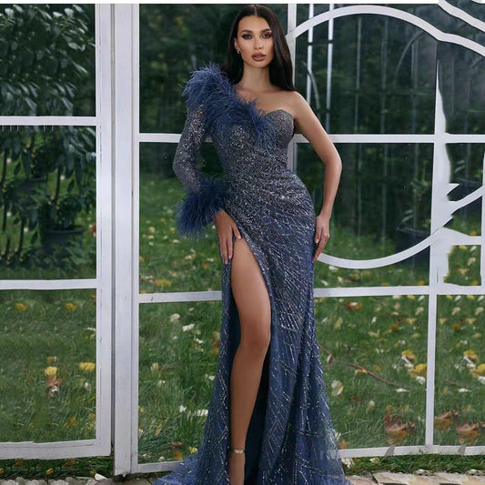 A Spring and summer new European and American women's evening dress sequined split sexy dance mopping dress skirt