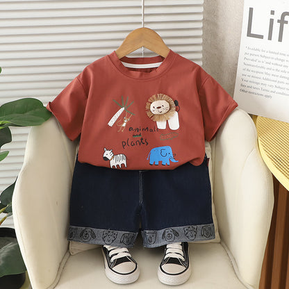 A children's short-sleeved T-shirt set boys and girls summer wear 2025 new loose Korean version cartoon doll top foreign style