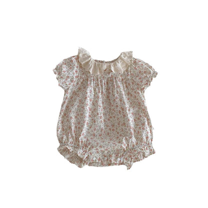 A spot 24 summer new girls floral jumpsuit ruffled lapels bag fart clothes Ha clothes baby short sleeve climbing clothes - Mixbatch