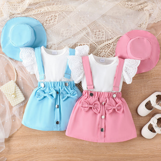 Amazon Spring/Summer New Children's Lace Flying Sleeves Top+Solid Color Strap Short Skirt+Hat Girls' Set - Mixbatch