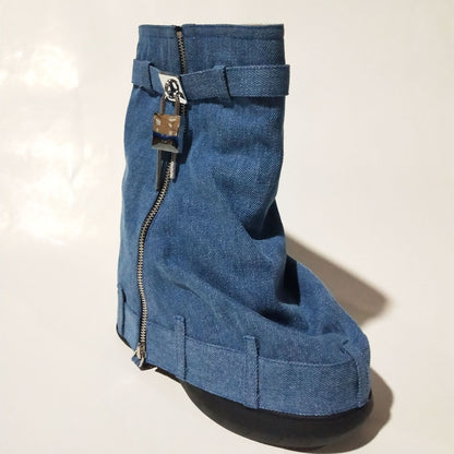 A foreign trade new denim platform shark buckle lock trouser skirt round head women's boots large size short wedge heel women's shoes