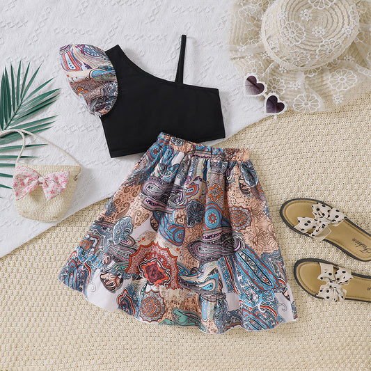 A medium and small children and girls spring and summer new ethnic style printing slanted shoulder sling set TZ1379-D