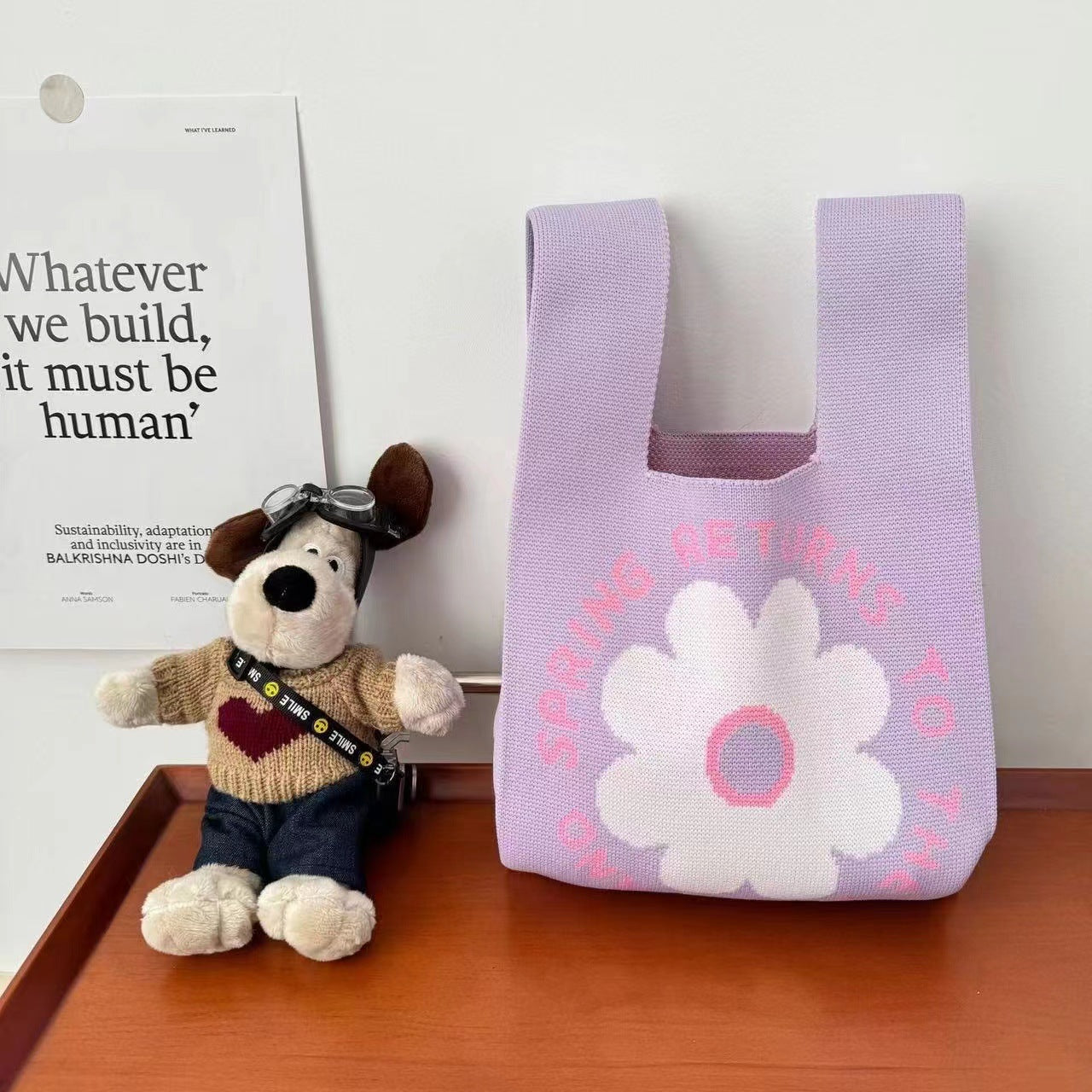 A Internet celebrity handbag women's knitted wool bucket bag Japanese and Korean version versatile hand carry casual tote bag box lunch bag y