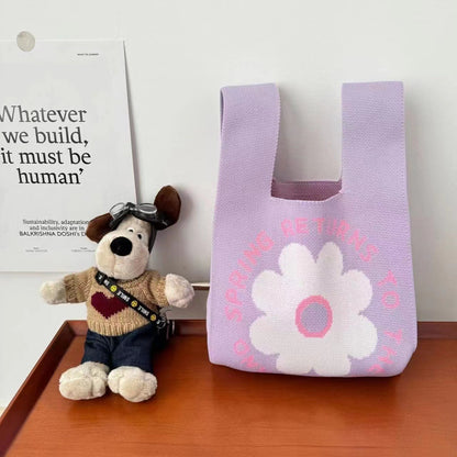 A Internet celebrity handbag women's knitted wool bucket bag Japanese and Korean version versatile hand carry casual tote bag box lunch bag y