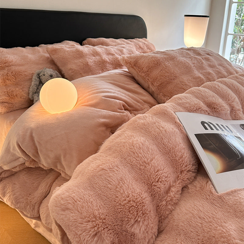 Class A 400 high gram weight light luxury sense of luxury winter thickened rabbit rabbit down four-piece set milk velvet warm quilt cover solid color 4.0kg - Mixbatch