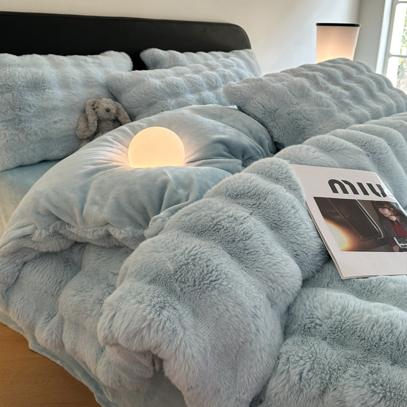 Class A 400 high gram weight light luxury sense of luxury winter thickened rabbit rabbit down four-piece set milk velvet warm quilt cover solid color 4.0kg - Mixbatch
