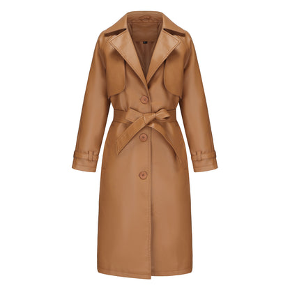 A women's long PU leather jacket