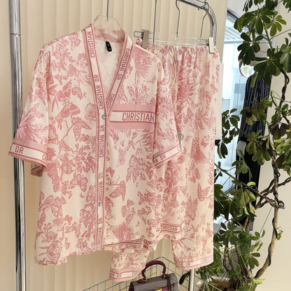 A butterfly three-piece pajamas spring and summer large size thin loose ice silk women's short-sleeved trousers set sweet and can be worn outside