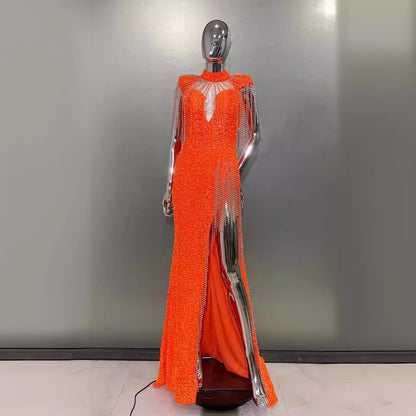 A smart fringe sexy hollow high split orange sequin dress elegant red carpet annual dinner dress