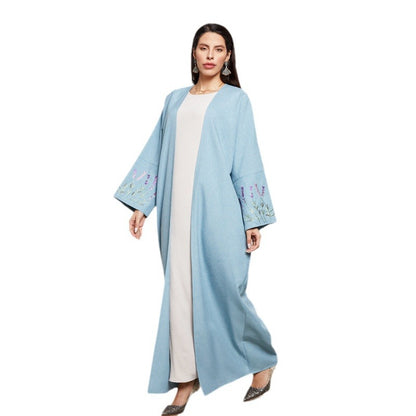 Spring and summer new robe Middle Eastern Muslim fashion embroidery elegant cardigan long skirt bat sleeve dress - Mixbatch