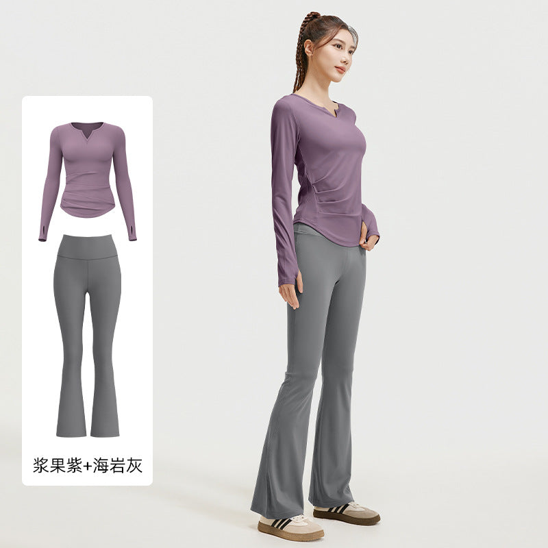 A autumn v-neck yoga suit pleated naked feeling slim and thin long fitness suit women