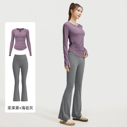 A autumn v-neck yoga suit pleated naked feeling slim and thin long fitness suit women