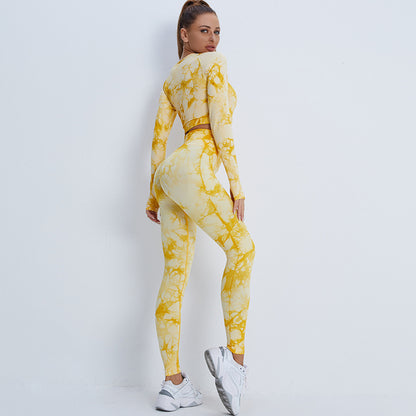 A new seamless yoga suit women's cross-border high-waisted hip-lifting yoga pants tie-dye long-sleeved top fitness sportswear set