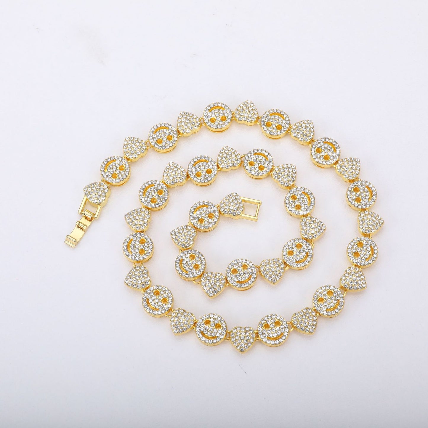 A cross-border hot sale new love smiley face full of diamonds Cuban chain European and American hip-hop necklace jewelry DIY - Mixbatch