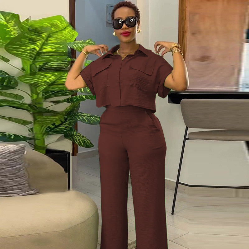 A spring new casual lapel short-sleeved shirt wide-leg trousers fashion suit