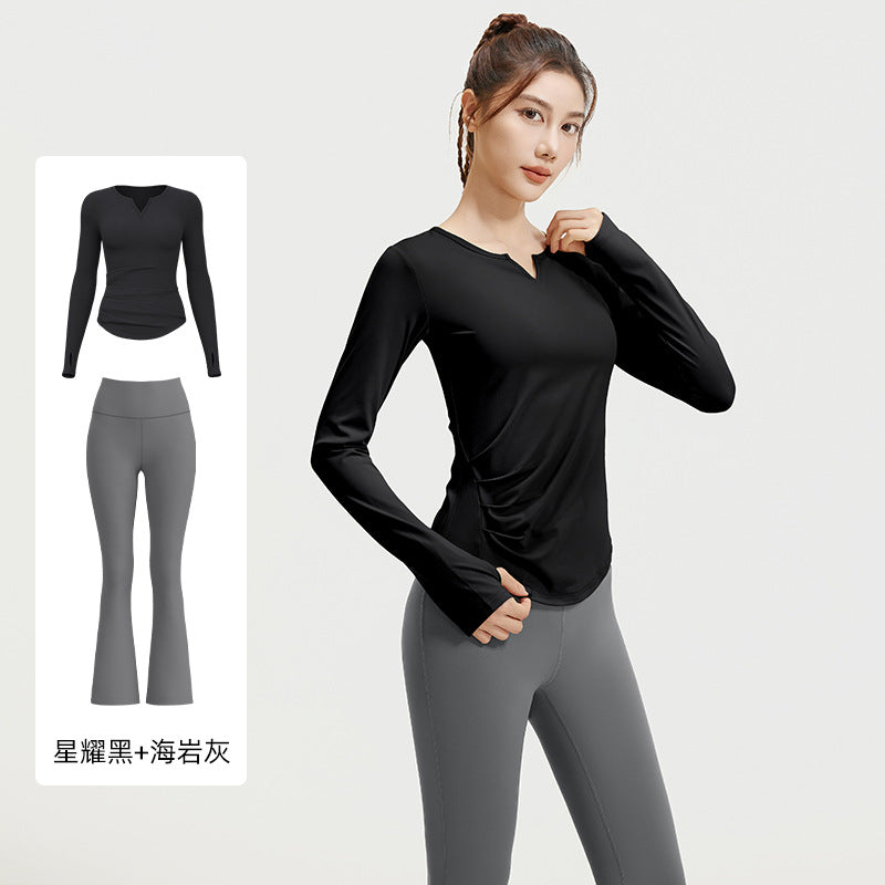 A autumn v-neck yoga suit pleated naked feeling slim and thin long fitness suit women