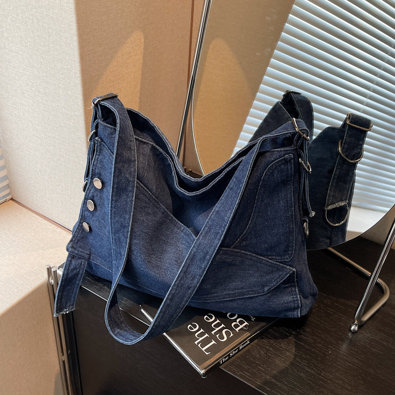 A denim shoulder bag