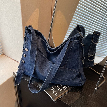 A denim shoulder bag