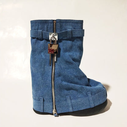 A foreign trade new denim platform shark buckle lock trouser skirt round head women's boots large size short wedge heel women's shoes