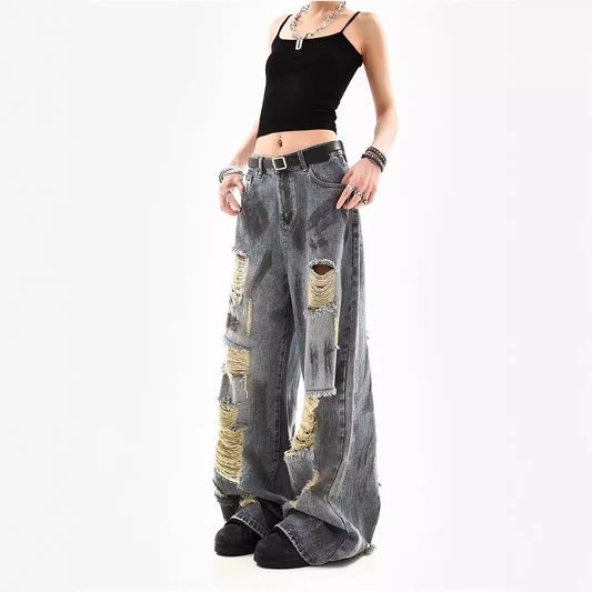 A old retro ripped jeans women's summer new American loose drape wide leg pants tide