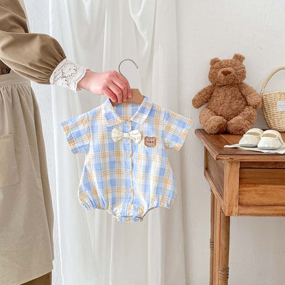 A 2024 Baby Boys Sweetheart Summer Baby Clothing Cute Little Bear Checkered Short Sleeves One Piece Pack Fart Sweetheart Siblings - Mixbatch