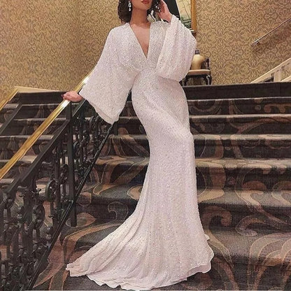 A long-sleeved sequined dress dress fishtail banquet elegant long dress V-neck