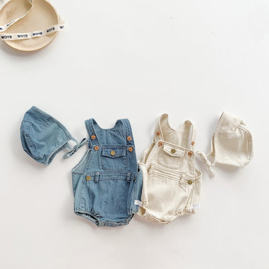 A ins summer Korean version baby and toddler boys and girls sleeveless denim bag butt jumpsuit with shoulder strap climbing suit and hat - Mixbatch