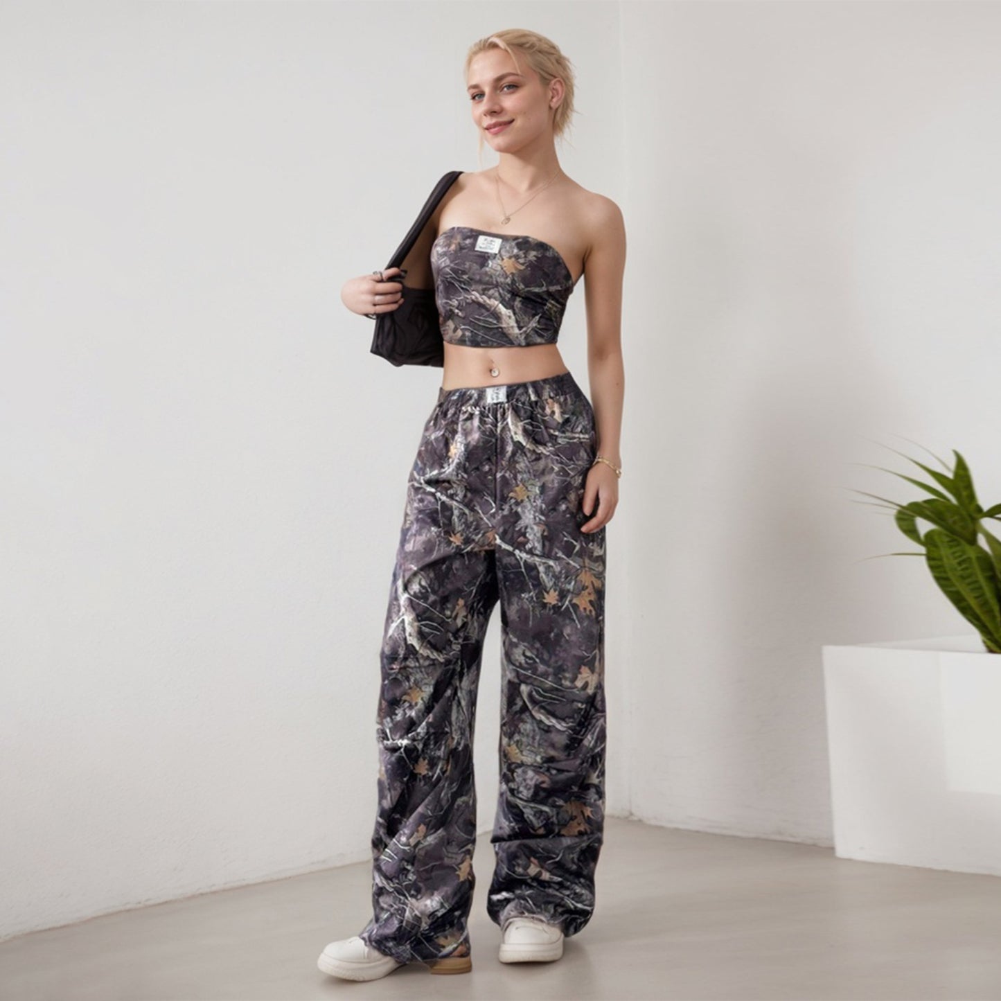 W301ST Cross-border American Teen Women's Fashion Casual Elastic Waist Printed Tube Top Skinny Overalls Set - Mixbatch