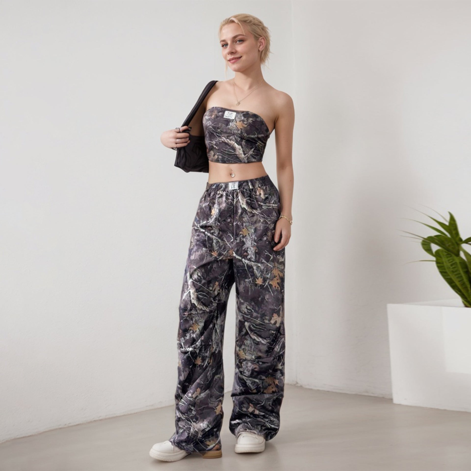 W301ST Cross-border American Teen Women's Fashion Casual Elastic Waist Printed Tube Top Skinny Overalls Set - Mixbatch