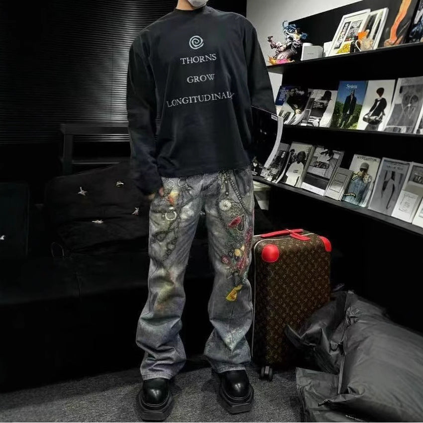 A printed denim trousers