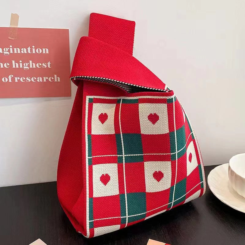 A Internet celebrity handbag women's knitted wool bucket bag Japanese and Korean version versatile hand carry casual tote bag box lunch bag y