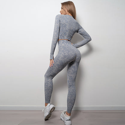A new outdoor sports yoga top women's seamless long-sleeved yoga clothes vest trousers fitness set wholesale