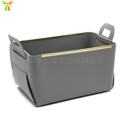 A leather sock storage basket