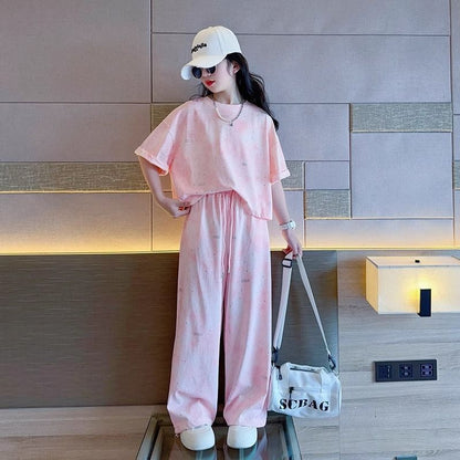 A girls' suit summer new middle-aged and older children's girls' summer wear short-sleeved t-shirt and trousers casual two-piece set foreign trade