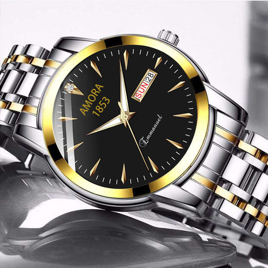 A new quartz watch men's double calendar automatic waterproof luminous business steel belt watch