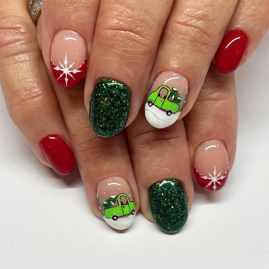 A short glossy oval European, American cross-border foreign trade French glitter new Christmas detachable wear manicure 24 pieces - Mixbatch