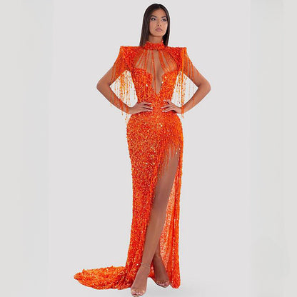 A smart fringe sexy hollow high split orange sequin dress elegant red carpet annual dinner dress