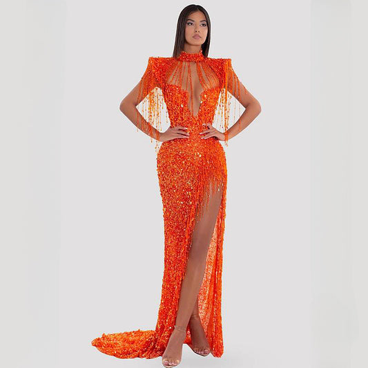 A smart fringe sexy hollow high split orange sequin dress elegant red carpet annual dinner dress