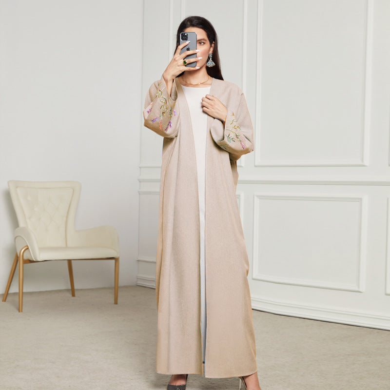 New long dress Middle Eastern Muslim clothing fashionable and elegant embroidered flower cardigan imitation hemp dress robe - Mixbatch