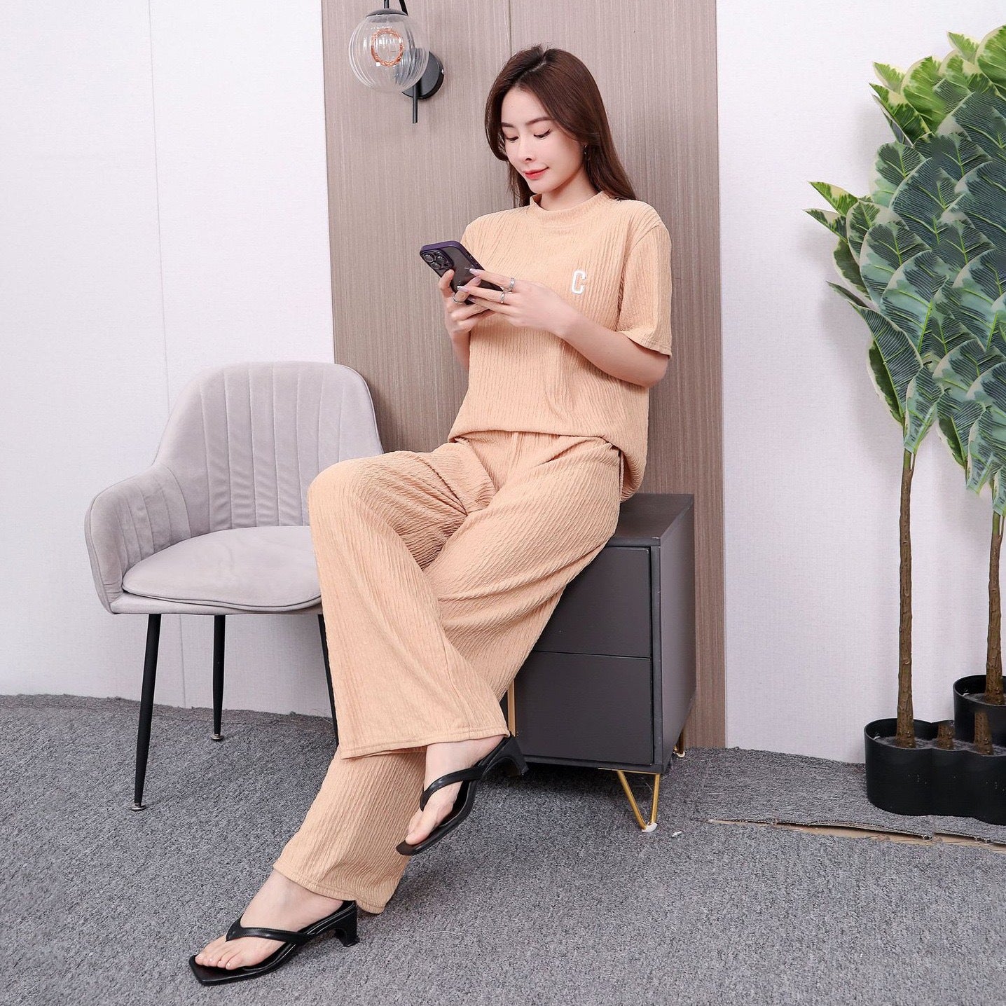 A suit women's spring summer letter embroidery thin ice silk loungewear suit casual loose trousers two-piece set