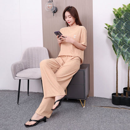 A suit women's spring summer letter embroidery thin ice silk loungewear suit casual loose trousers two-piece set