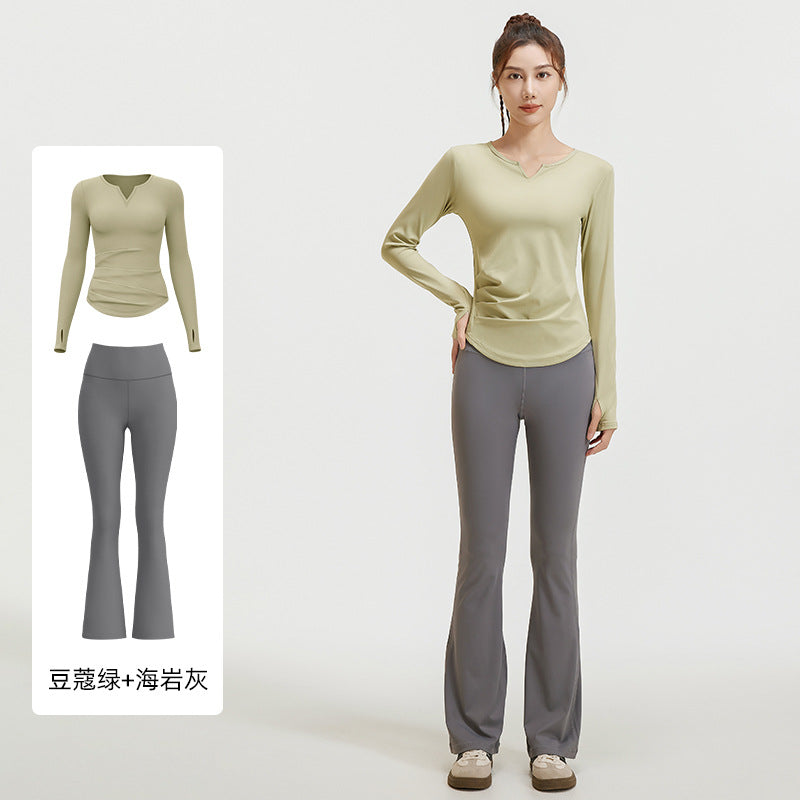 A autumn v-neck yoga suit pleated naked feeling slim and thin long fitness suit women