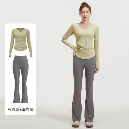 A autumn v-neck yoga suit pleated naked feeling slim and thin long fitness suit women