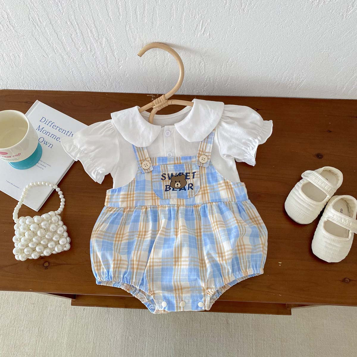 A 2024 Baby Boys Sweetheart Summer Baby Clothing Cute Little Bear Checkered Short Sleeves One Piece Pack Fart Sweetheart Siblings - Mixbatch