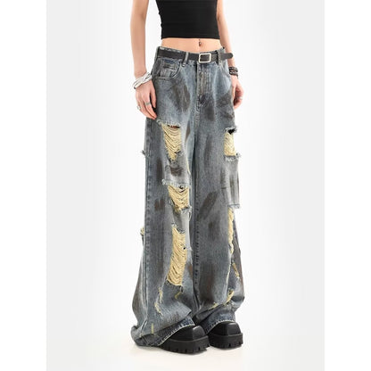 A old retro ripped jeans women's summer new American loose drape wide leg pants tide