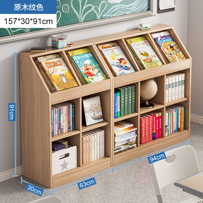A school classroom bookshelf and storage cabinet
