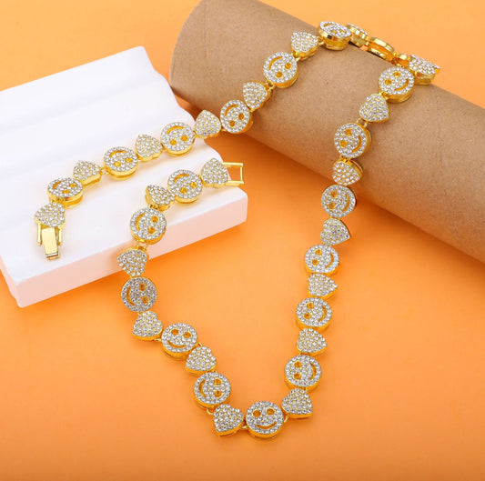 A cross-border hot sale new love smiley face full of diamonds Cuban chain European and American hip-hop necklace jewelry DIY - Mixbatch