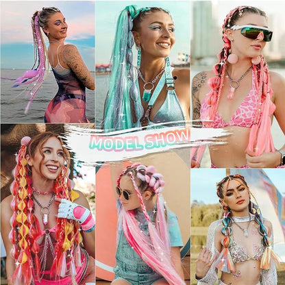 A children's color laser silk braided hair dreadlocks gold silk long ponytail hair extension colorful gradual change braid braided hair wig pair - Mixbatch