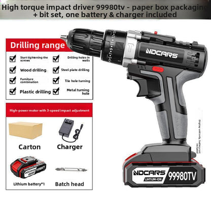 A Electric Drill Lithium Battery Supercharged Household Multifunctional Electric Screwdriver High Power Hand Two-Speed Industrial Grade Electric Drill Impact Drill