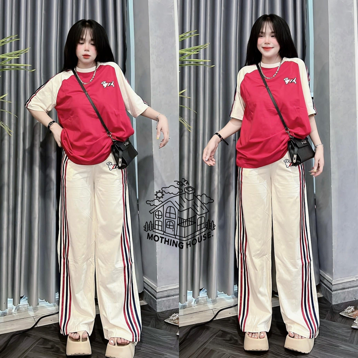A Female Summer Loose Puppy Printed Short Sleeve Striped Wide Leg Pants Two-piece Casual